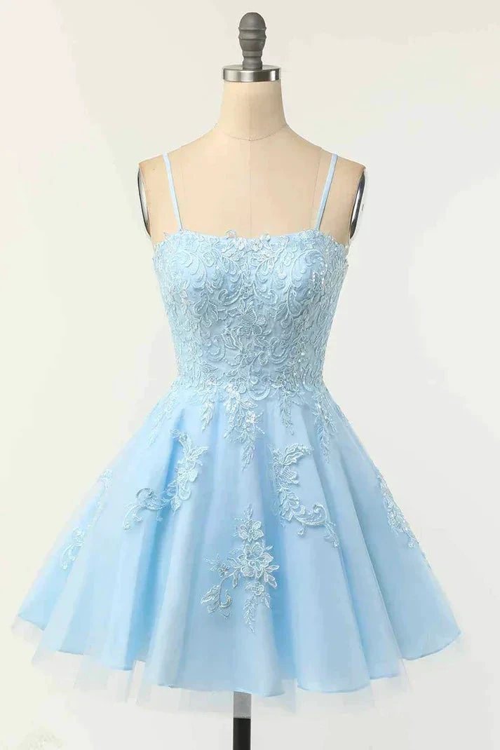 Light Blue A-line Spaghetti Straps Lace-Up Back Applique Mini Homecoming Dress Y2417