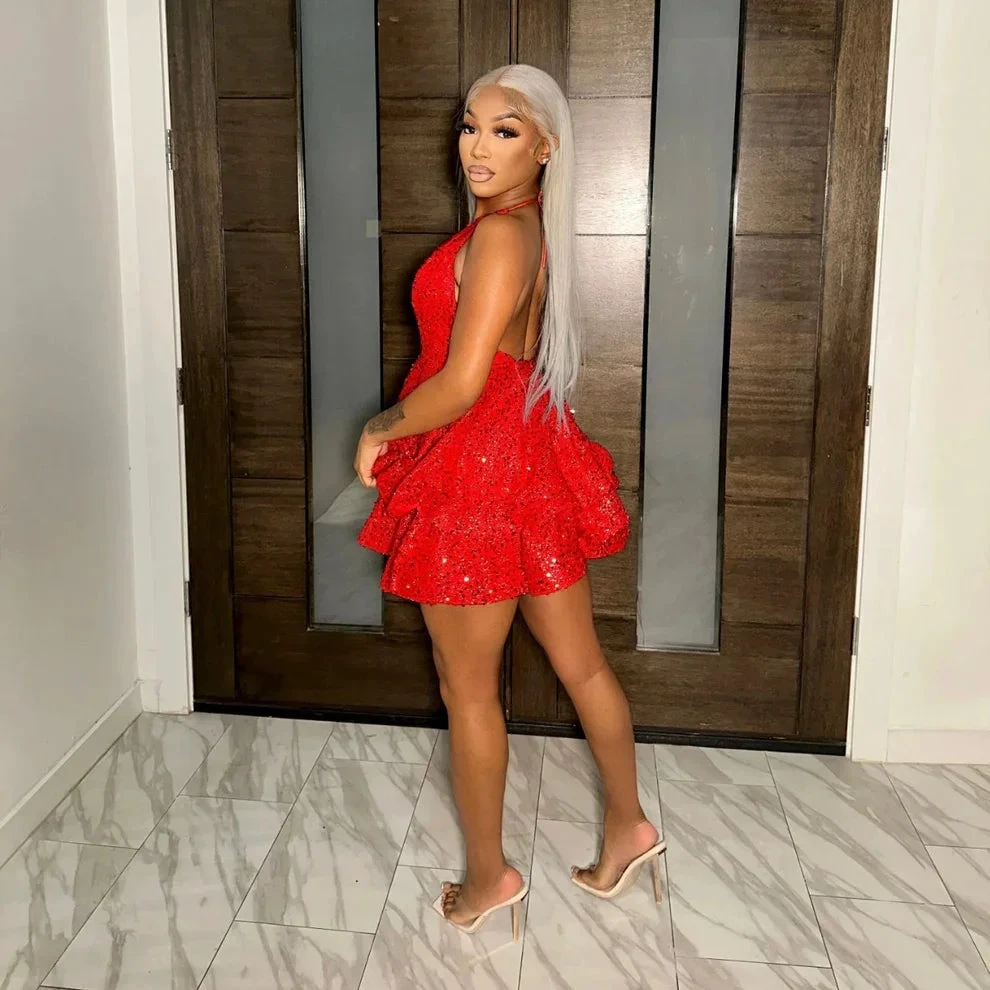 Red Sequin Tiered Homecoming Dress 18th Birthday Party Dress Y2444