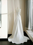 Classy Strapless Satin Pearls Chain White Prom Dress A Line Evening Dress Y8684