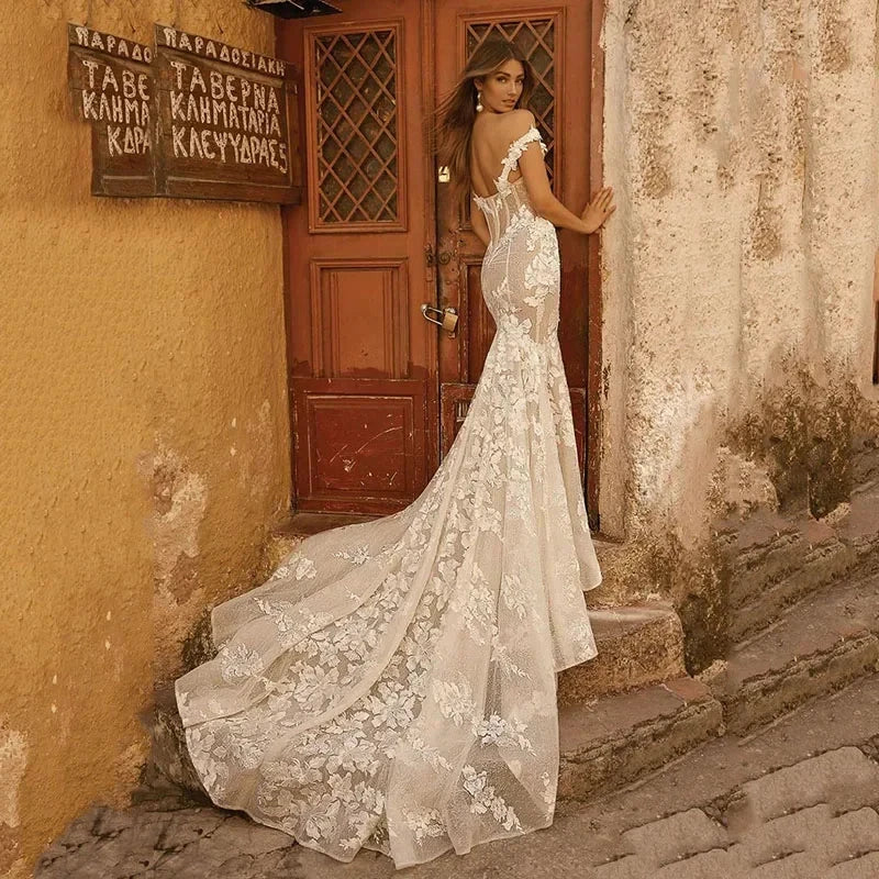 Off The Shoulder Mermaid Wedding Dresses Backless Lace Vestidos De Novia Appliques Beach Country Vestido De Noiva