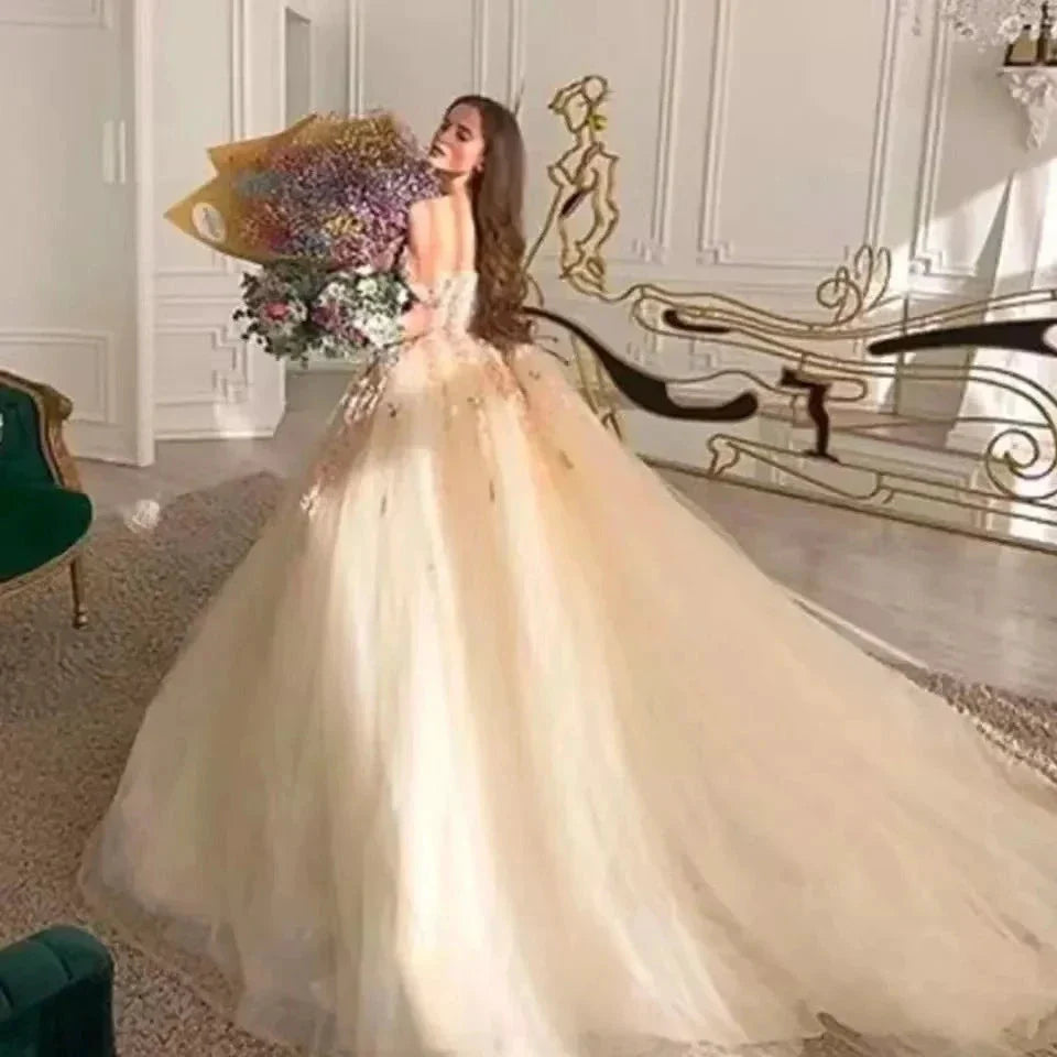 Off the Shoulder Sweetheart Tulle Long Evening Gowns 3D Flowers Appliques Formal Party Dresses Princess Ball Gown Prom Dresses