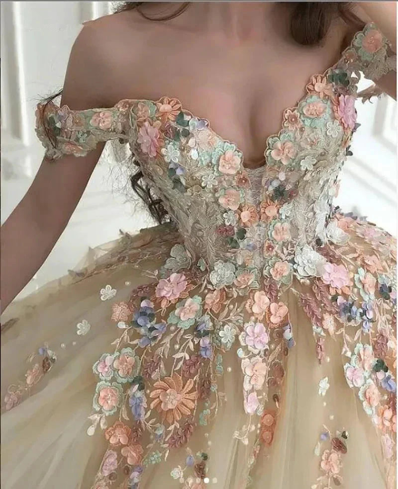 Off the Shoulder Sweetheart Tulle Long Evening Gowns 3D Flowers Appliques Formal Party Dresses Princess Ball Gown Prom Dresses