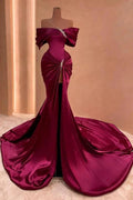 Off-the-shoulder Satin Long Split Front Mermaid Prom Dresses With Beads