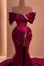 Off-the-shoulder Satin Long Split Front Mermaid Prom Dresses With Beads
