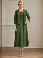 A-line Scoop Tea-Length Lace Chiffon Mother of the Bride Dress