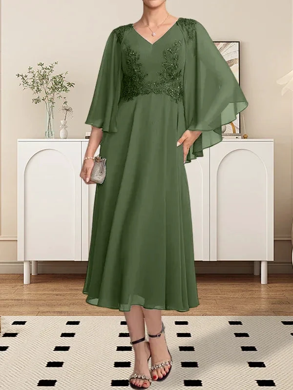 A-line V-Neck Tea-Length Chiffon Lace Mother of the Bride Dress With Beading Sequins