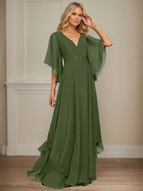A-line V-Neck Floor-Length Chiffon Mother of the Bride Dress With Sequins Appliques Lace Beading
