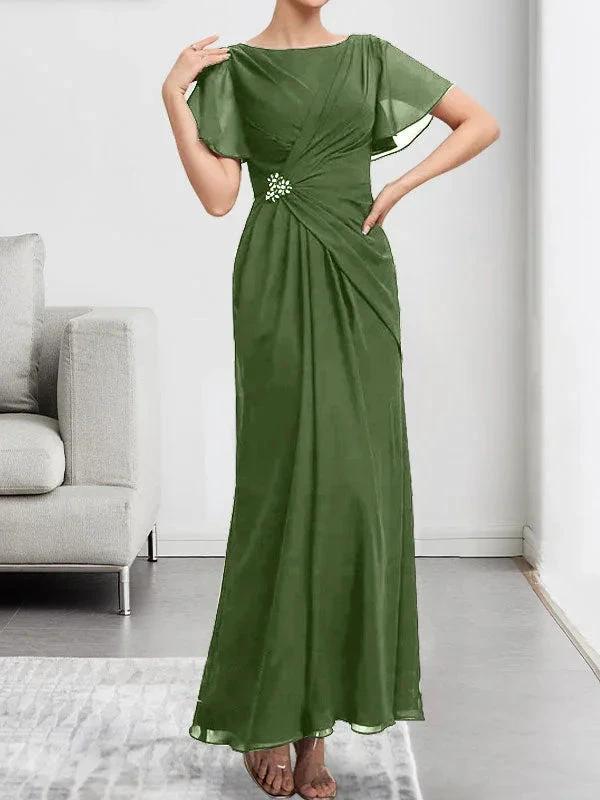 A-line Scoop Ankle-Length Chiffon Mother of the Bride Dress With Beading Pleated