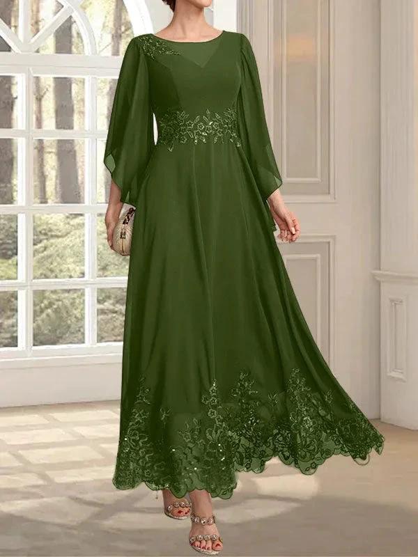 A-line Scoop Illusion Ankle-Length Lace Chiffon Mother of the Bride Dress With Sequins