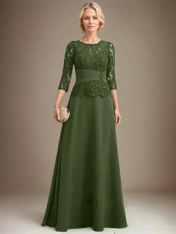 A-line Scoop Illusion Floor-Length Chiffon Lace Mother of the Bride Dress With Pleated Sequins Beading