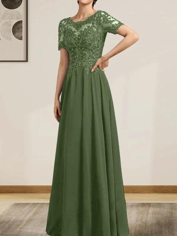 A-line Scoop Illusion Floor-Length Chiffon Lace Mother of the Bride Dress With Sequins Beading