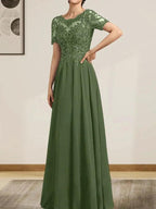 A-line Scoop Illusion Floor-Length Chiffon Lace Mother of the Bride Dress With Sequins Beading