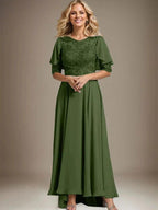 A-line Scoop Illusion Asymmetrical Chiffon Lace Mother of the Bride Dress With Beading