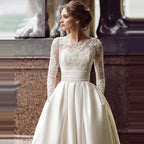 Pleat Satin Wedding Dresses 2023 Lace Appliques Sweep Train Long Sleeve Neck Formal Occasion Bridal dress robe de mariée