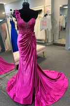 One-Shoulder 3D Floral Lace Pleated Red Prom Gown with Slit PSK496