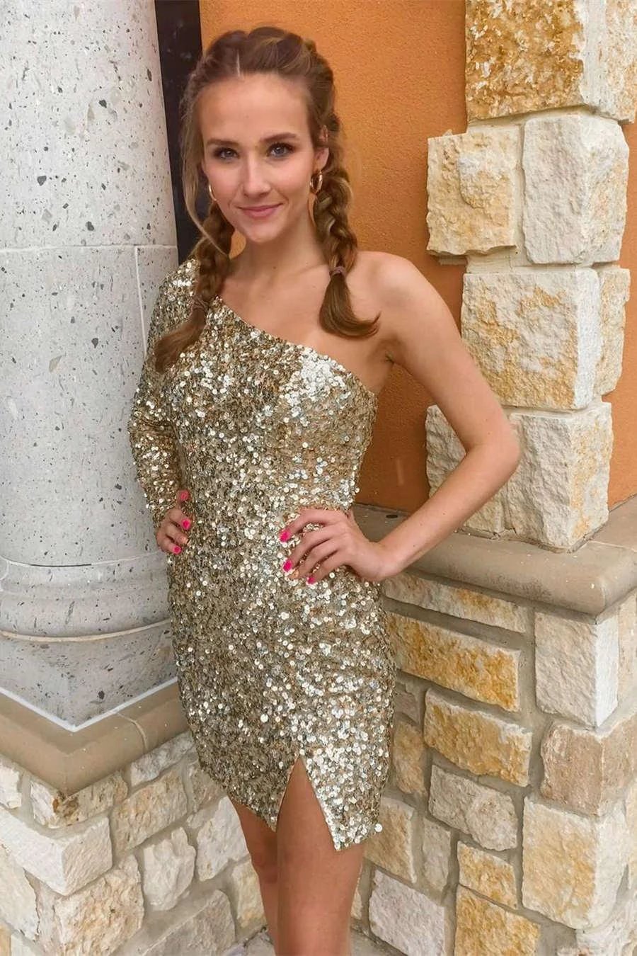 Long Sleeve Sequined Hot Pink Homecoming Dress SYH18