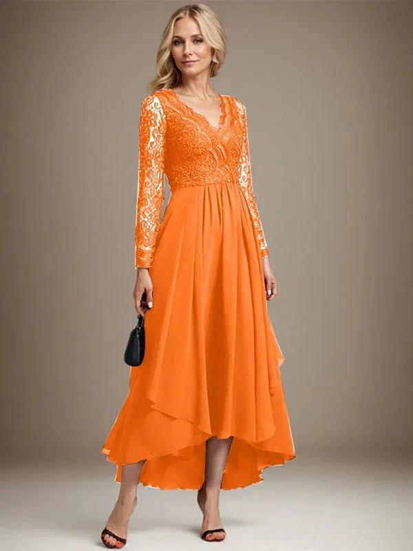 A-line V-Neck Asymmetrical Lace Chiffon Mother of the Bride Dress