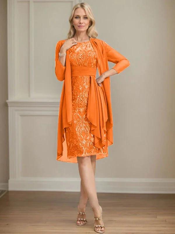 Sheath/Column Scoop Illusion Knee-Length Lace Chiffon Mother of the Bride Dress With Cascading Ruffles Sequins