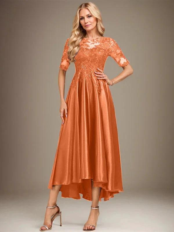 A-line Scoop Illusion Asymmetrical Stretch Satin Lace Mother of the Bride Dress With Sequins
