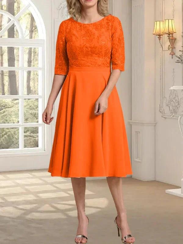 A-line Scoop Knee-Length Lace Chiffon Mother of the Bride Dress