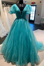Orange Plunge V Ruffled Sleeve A-Line Long Formal Dress