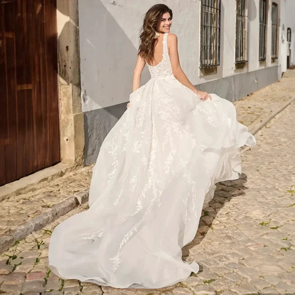 Elegant Square Neck Wedding Dress Open Back Sleeveless A-line Beading Exquisite Bridal Gowns Custom Made robe de mariée