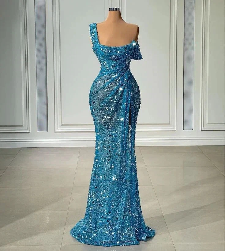 One Shoulder Sparkly Evening Dress Long Mermaid Blue Sexy Formal Dress Y6112