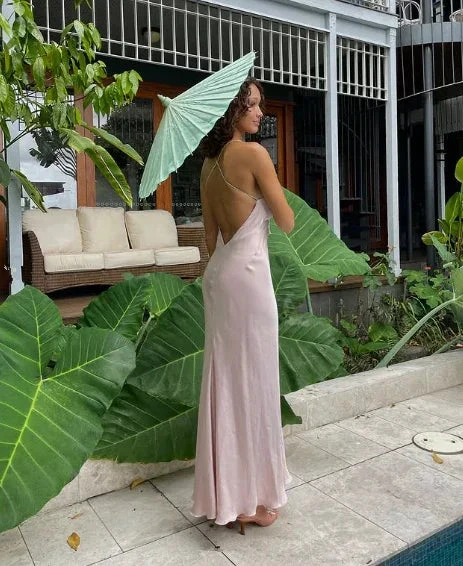 Classy Spaghetti Straps Pink Backless Evening Dress Long Prom Dress Y8293