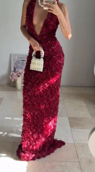 Gorgeous Deep V Burgundy Rose Flowers Sheath Long Prom Dress Evening Dress Y8504
