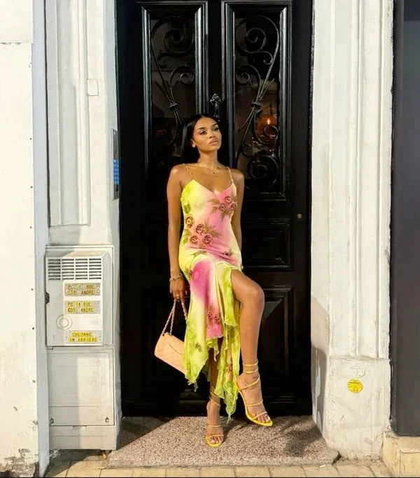 Pink Green Gradient Beaded Spaghetti Strap Chiffon Long Ruffled Evening Dress Party Prom Dress Y8495