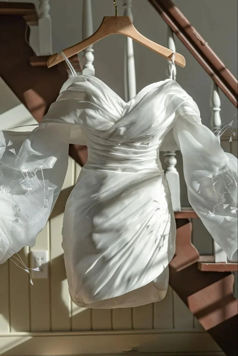 White Long Sleeves Homecoming Dress with Pleated White Graduation Dress Y2545