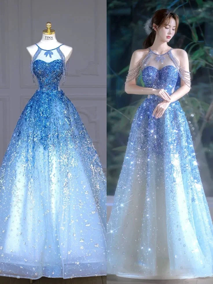 Gorgeous Blue Tulle Sequins Beaded Evening Dress Shiny Formal Prom Dress Y8352