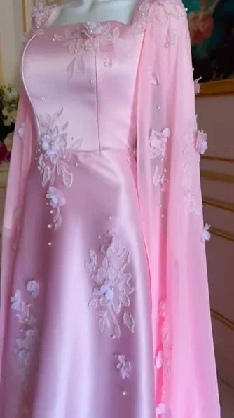 Luxury Pink Satin Long A Line Evening Dress Pretty Appliques Prom Dress Y7591