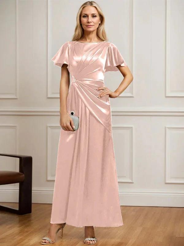A-line Scoop Ankle-Length Stretch Satin Mother of the Bride Dress With Pleated Beading