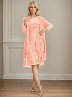 Sheath/Column Scoop Illusion Knee-Length Lace Chiffon Mother of the Bride Dress With Cascading Ruffles Sequins