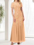 Blue Mermaid Round Neck Long Mother of the Bride Dress With Beadings