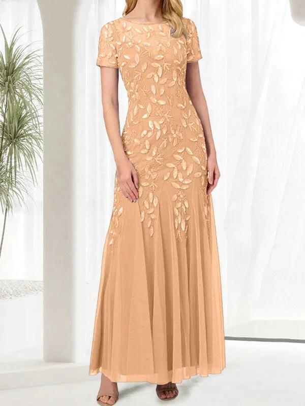Blue Mermaid Round Neck Long Mother of the Bride Dress With Beadings