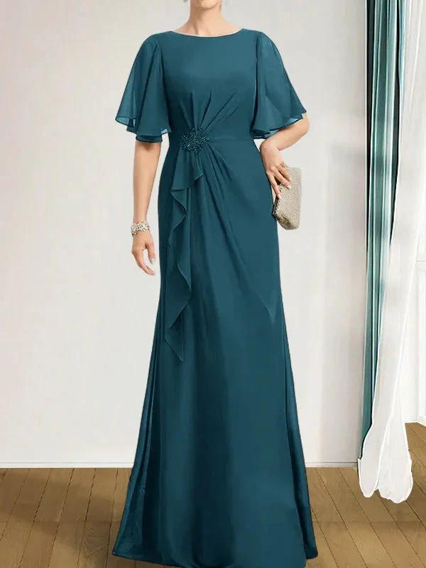 A-line Scoop Floor-Length Chiffon Mother of the Bride Dress With Cascading Ruffles Beading Sequins