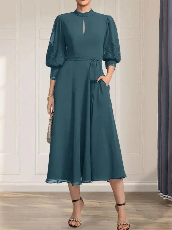 A-line High Neck Tea-Length Lace Chiffon Mother of the Bride Dress With Bow