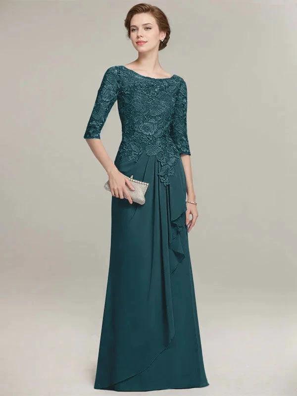 A-line Scoop Illusion Floor-Length Lace Chiffon Mother of the Bride Dress With Cascading Ruffles
