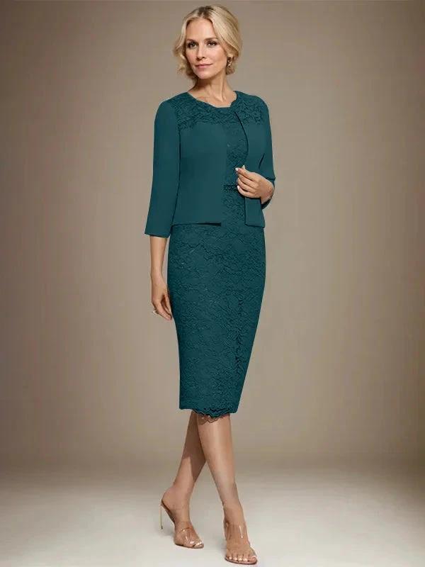 Sheath/Column Scoop Knee-Length Chiffon Lace Mother of the Bride Dress With Beading