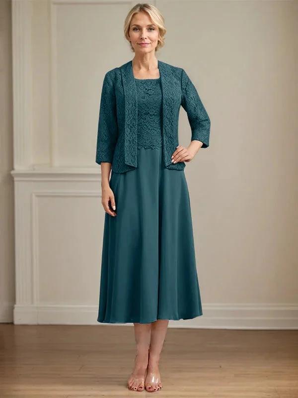 A-line Scoop Tea-Length Lace Chiffon Mother of the Bride Dress