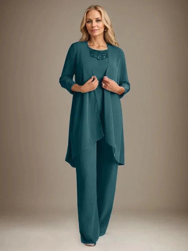 Chiffon Scoop Long Sleeves Mother Of The Bride Pantsuits With Jacket