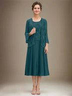 A-line Scoop Tea-Length Lace Chiffon Mother of the Bride Dress With Sequins