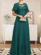 A-line Scoop Illusion Floor-Length Lace Chiffon Mother of the Bride Dress With Sequins