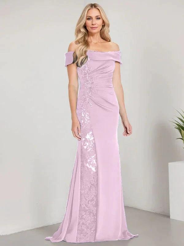 A-Line Off the Shoulder Floor-Length Mother of the Bride Dress Applique Beadings Mermaid Dress With  High Split