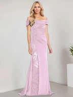 A-Line Off the Shoulder Floor-Length Mother of the Bride Dress Applique Beadings Mermaid Dress With  High Split