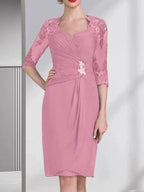 Sheath/Column Sweetheart Knee-Length Chiffon Mother of the Bride Dress With Beading Appliques Lace Sequins Pleated