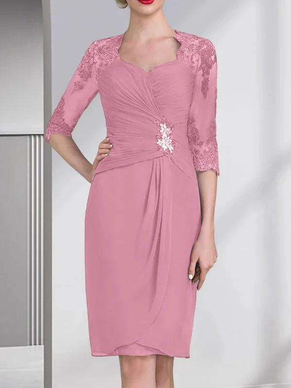 Sheath/Column Sweetheart Knee-Length Chiffon Mother of the Bride Dress With Beading Appliques Lace Sequins Pleated