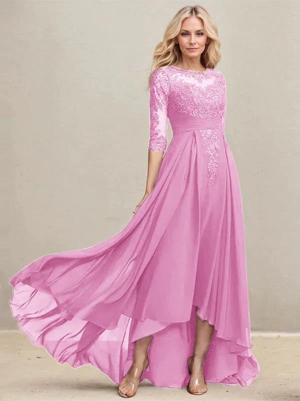 A-line Scoop Illusion Asymmetrical Lace Chiffon Mother of the Bride Dress With Pleated Sequins